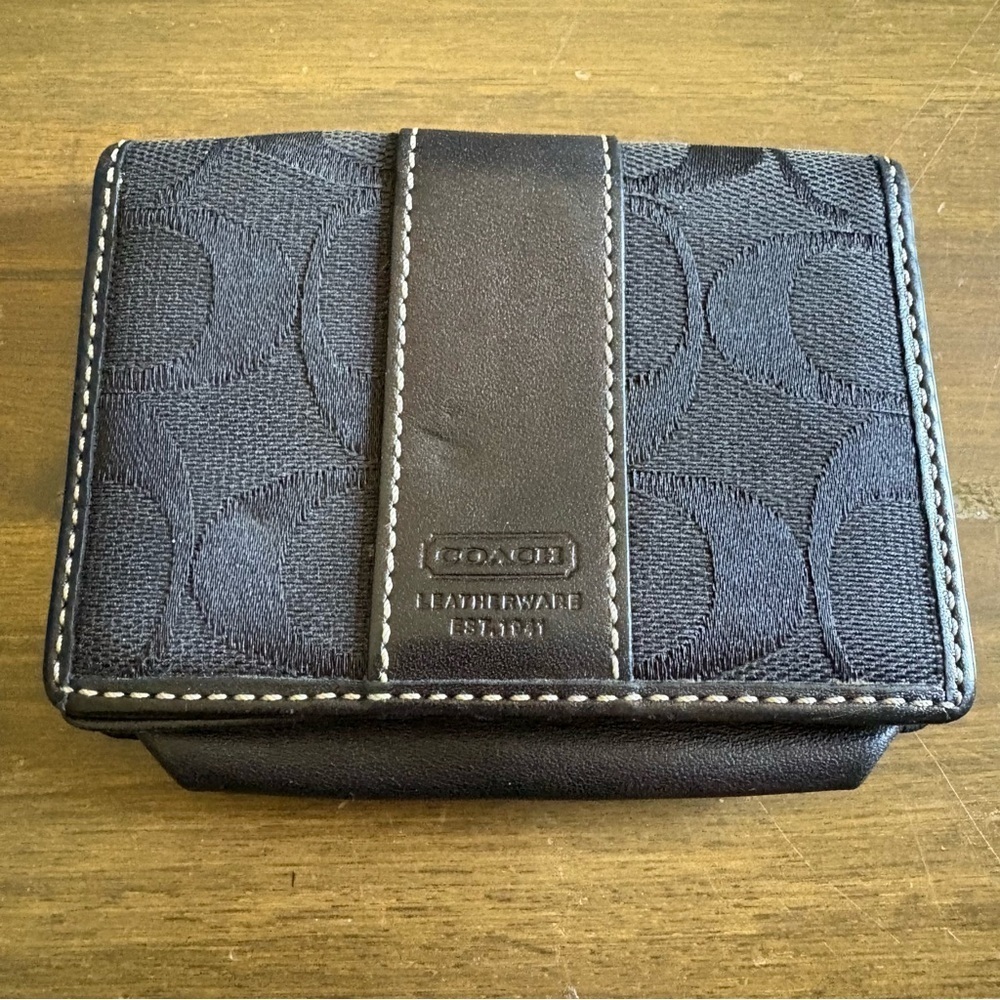 Coach Signature CC Wallet Black Canvas Fold Over Leather Card Holder Small